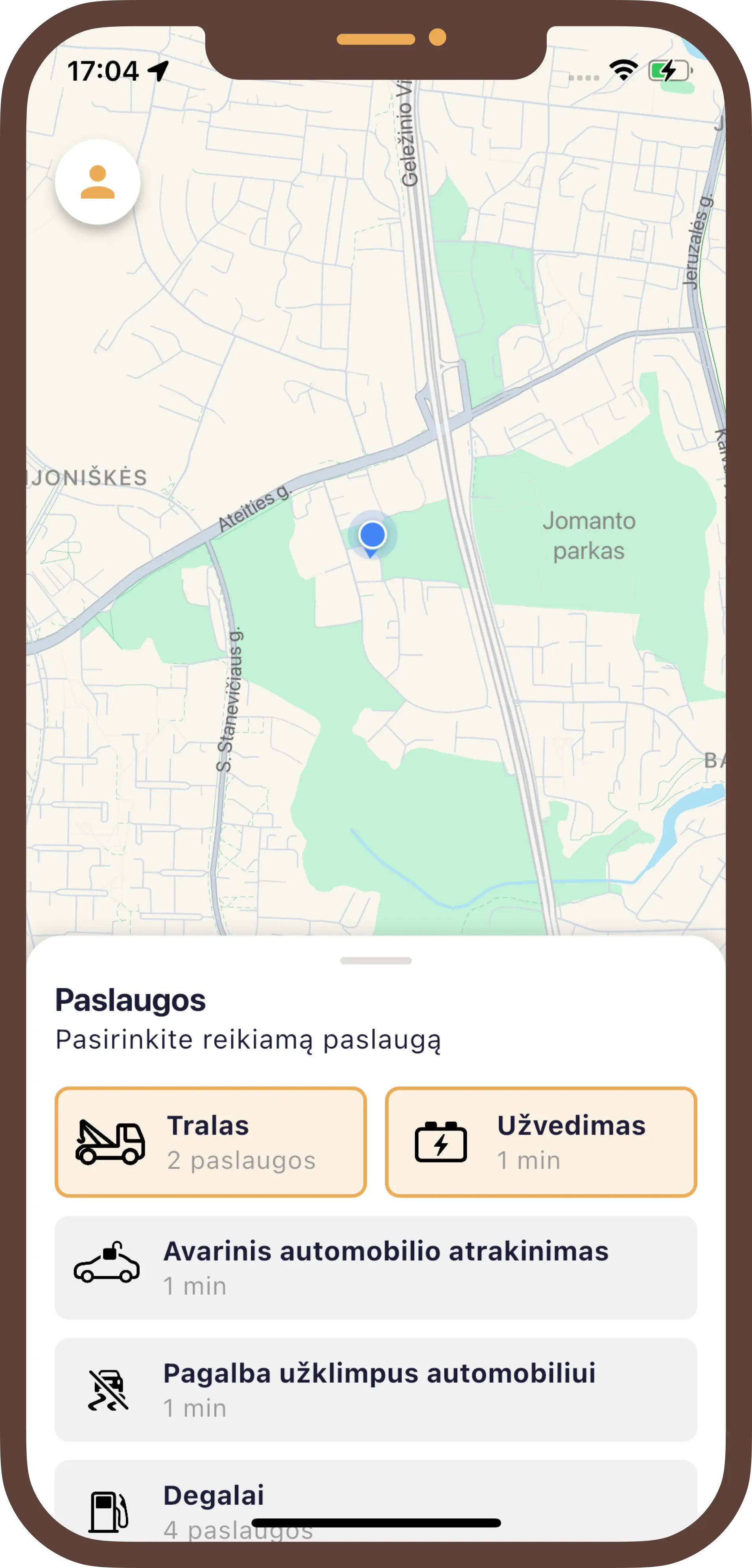 Traffi Help mobile app showing roadside assistance map with service options